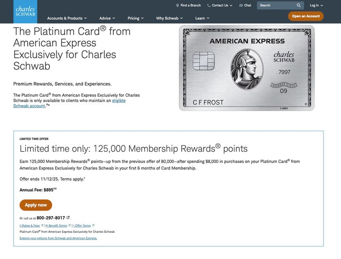 Screenshot Amex Platinum Schwab 125k offer