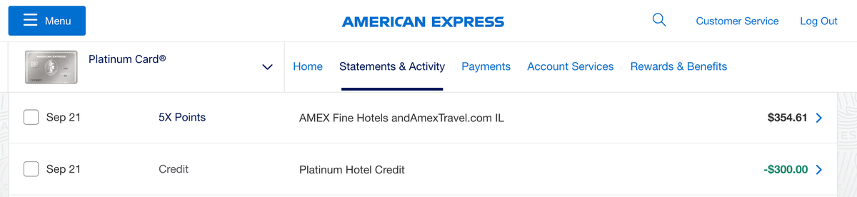 Amex Platinum 300 hotel credit