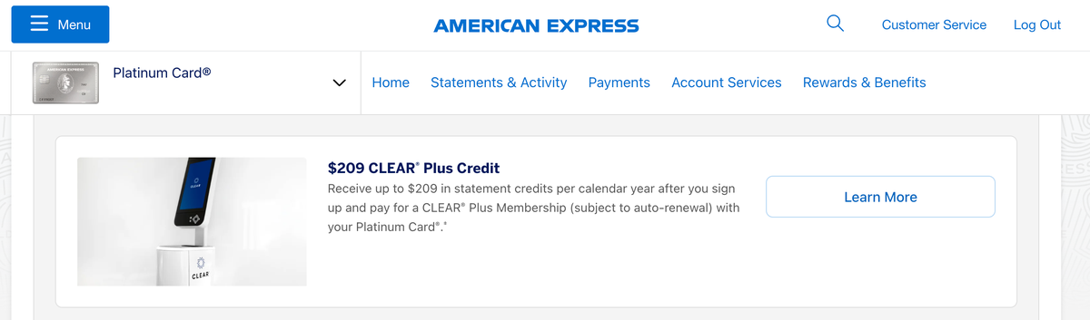 Amex Platinum Card 209 CLEAR Plus credit