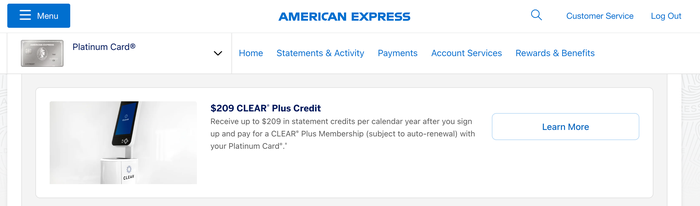 Amex Platinum Card 209 CLEAR Plus credit Amex Platinum Card 209 CLEAR Plus credit
