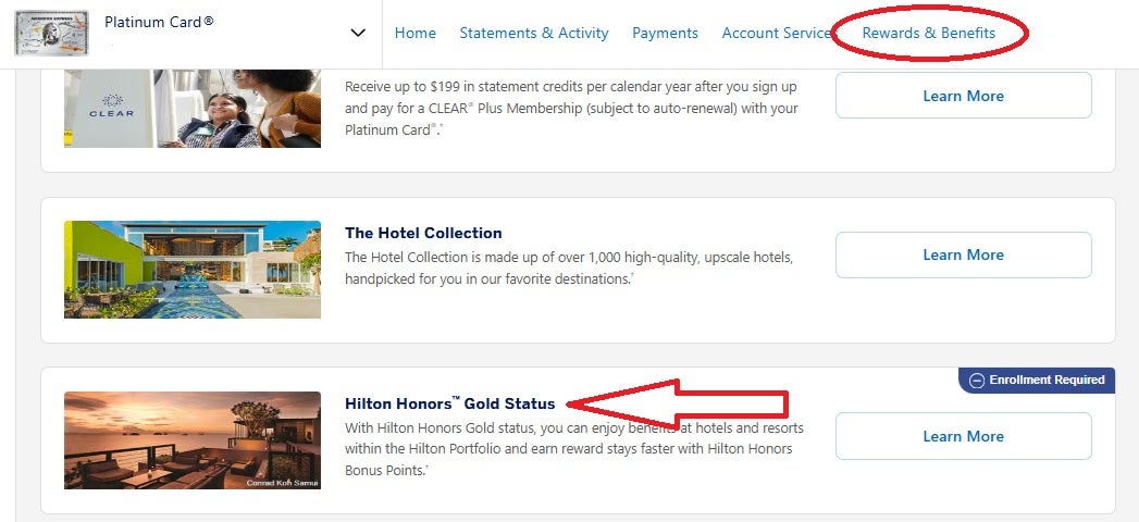Amex Platinum Hilton Honors Gold Status enrollment