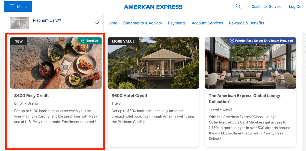 Amex Platinum Resy credit enrollment