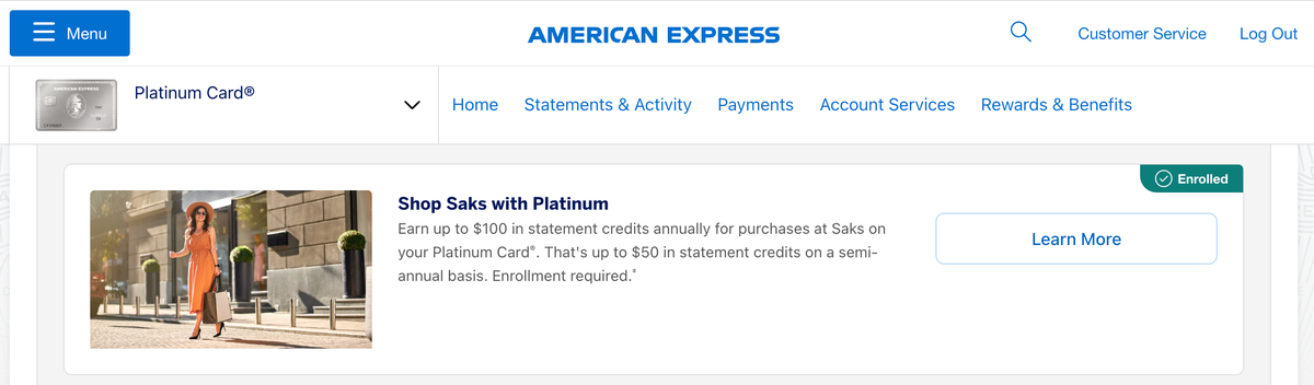 Amex Platinum Saks Credit benefit