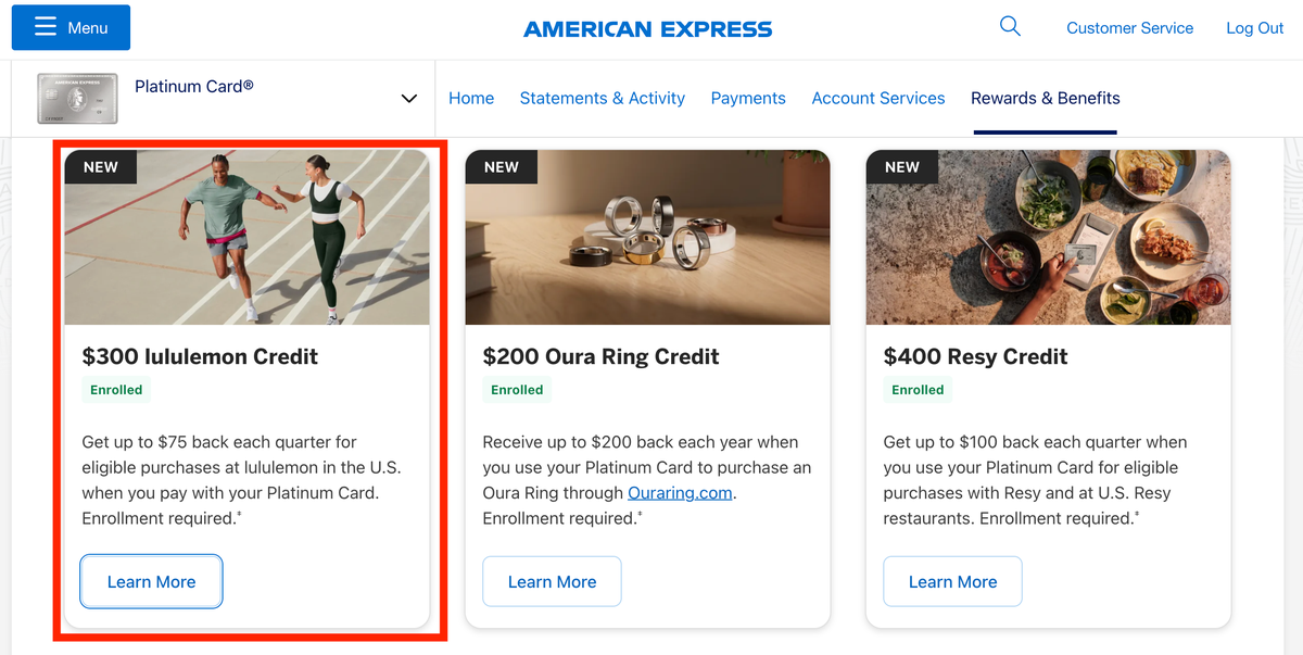 Amex Platinum lululemon credit enrollment