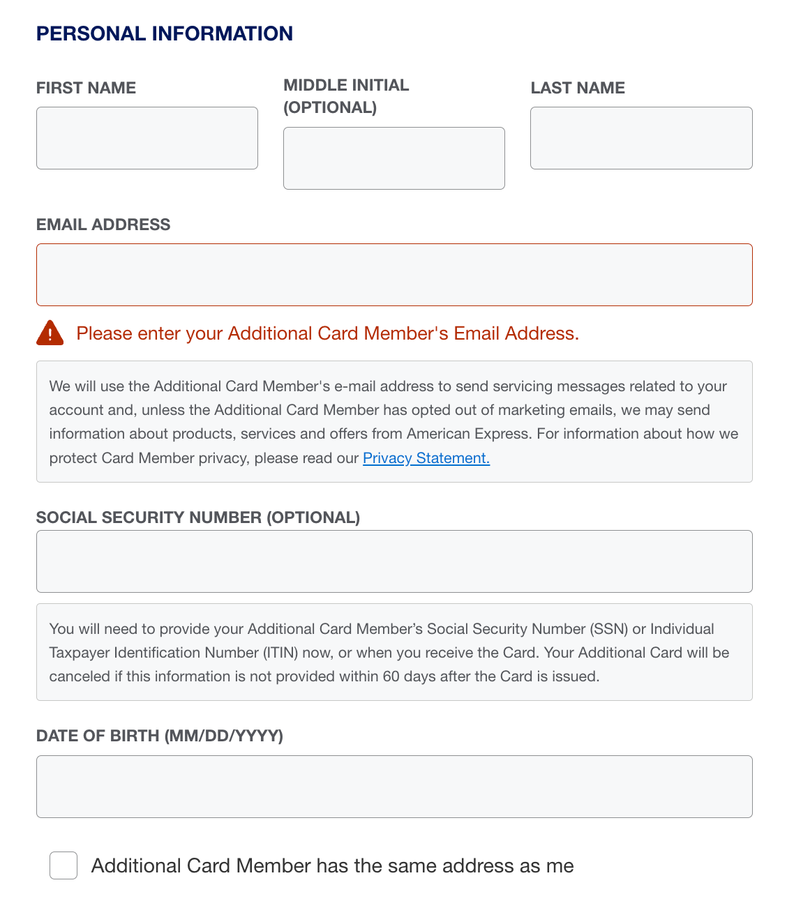Amex additional user personal info