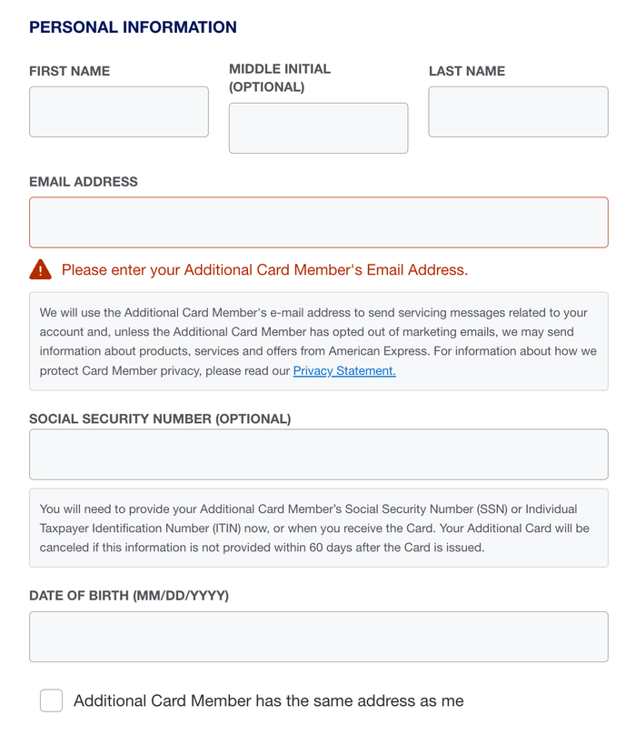 Amex additional user personal info Amex additional user personal info