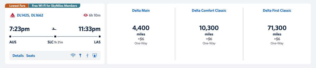Austin to Las Vegas Delta SkyMiles award ticket
