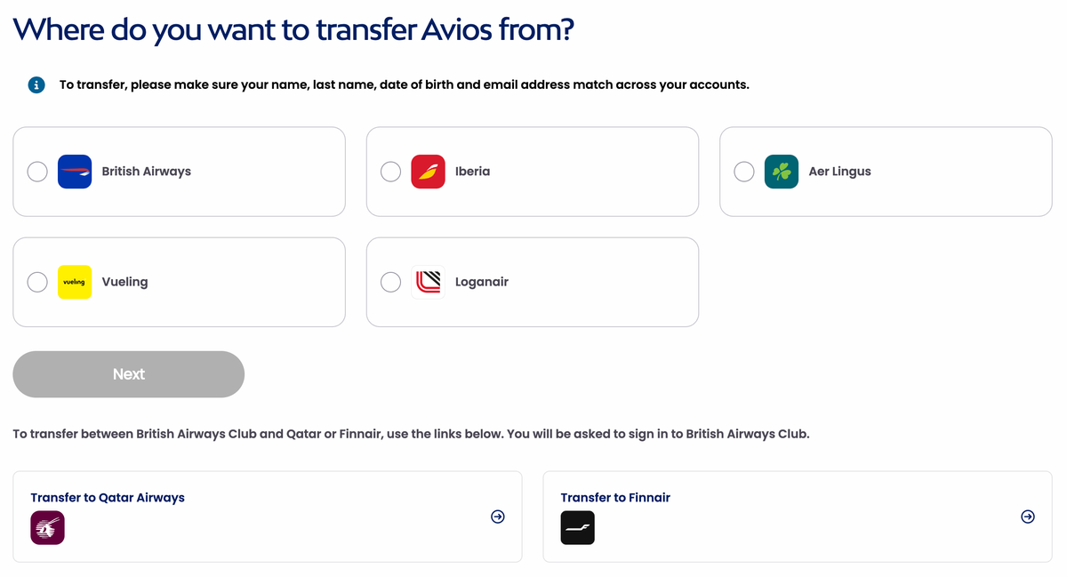 Avios transfer tool options