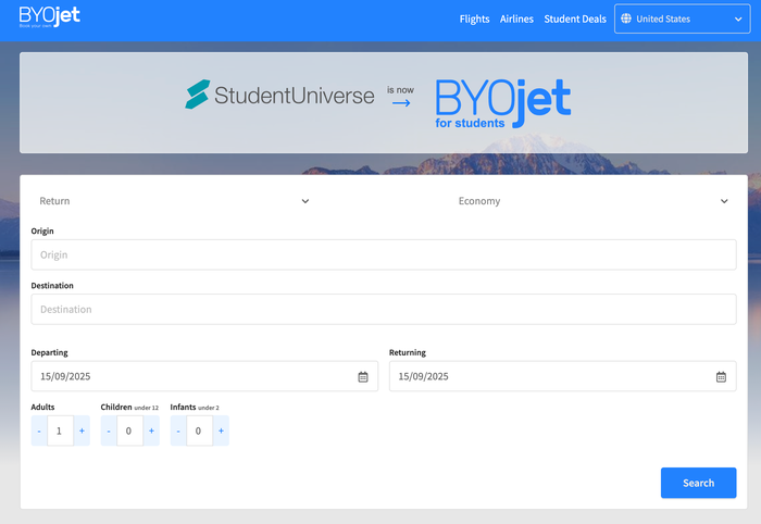 Student Universe flight search results BYOjet for students