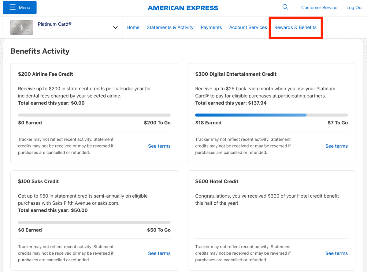 Benefits tracker in Amex account