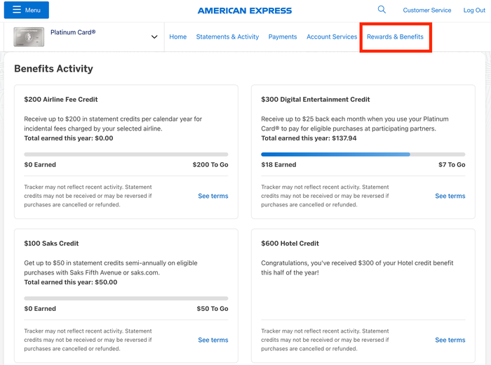 Amex Platinum Card benefits tracker CLEAR Plus Benefits tracker in Amex account
