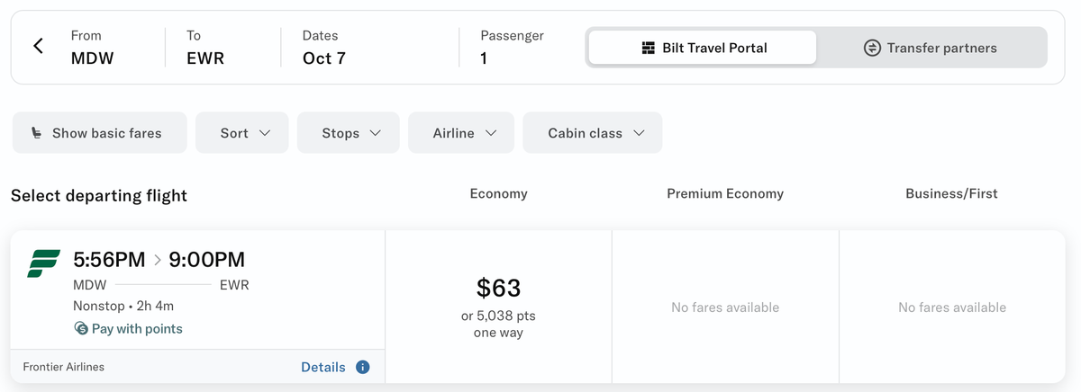Bilt Travel Portal Showing a Frontier Flight from Chicago to Newark