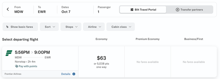 Bilt Travel Portal Showing a Frontier Flight from Chicago to Newark