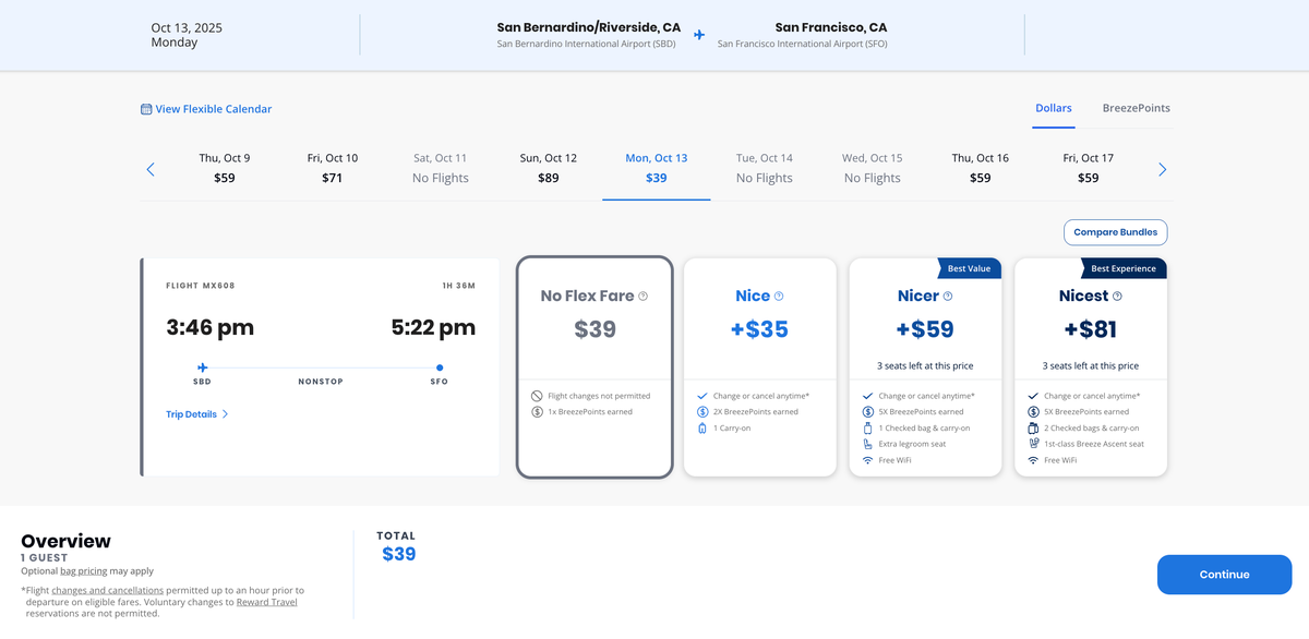 Breeze 39 flight SBD SFO October 2025