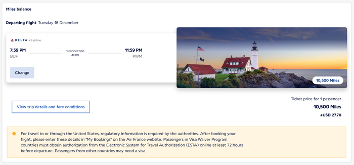 Buffalo to Portland Maine One Way Award Ticket on the Flying Blue Website