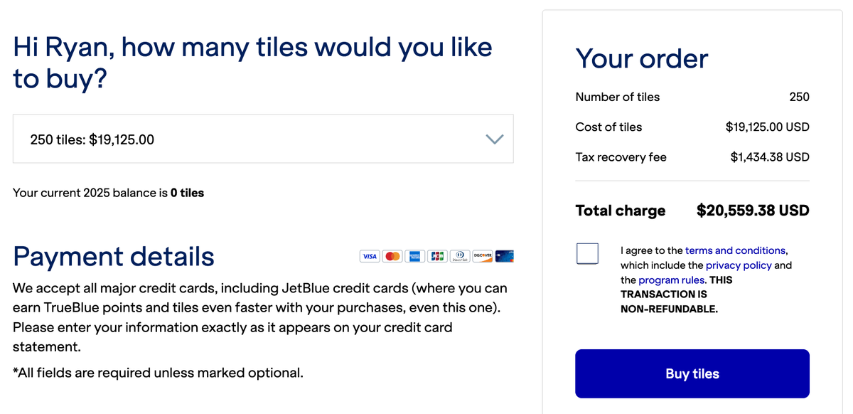 Buy JetBlue 250 tiles 15 discount