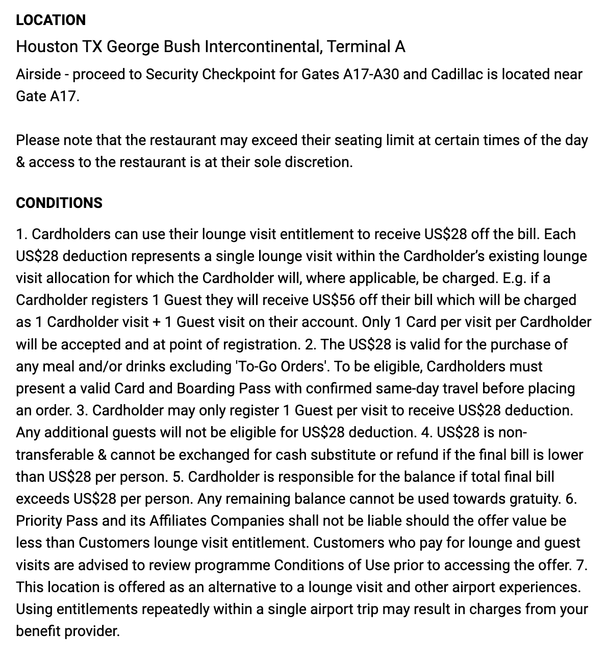 Cadillac Mexican Kitchen Tequila Bar Priority Pass details