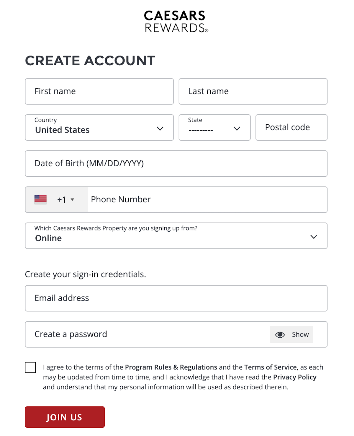 Caesars Rewards join form