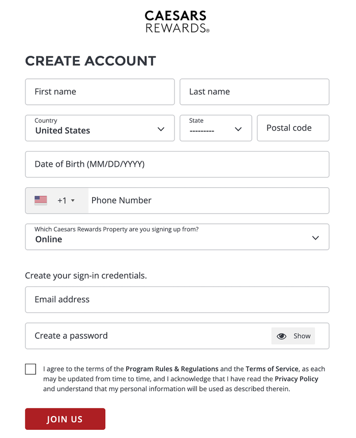 Caesars Rewards join form