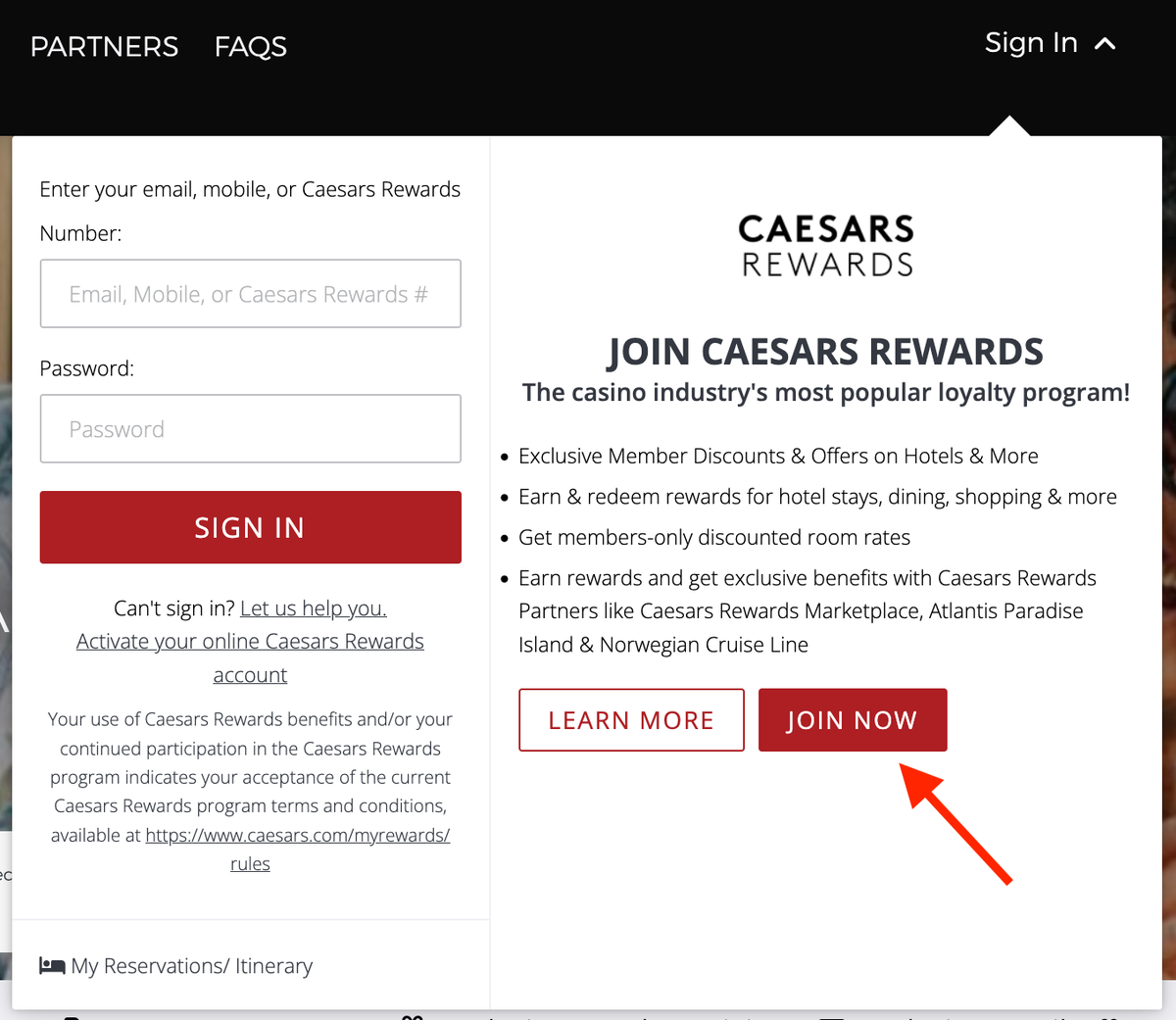 Caesars Rewards join now button