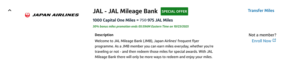 Capital One JAL transfer bonus September 2025