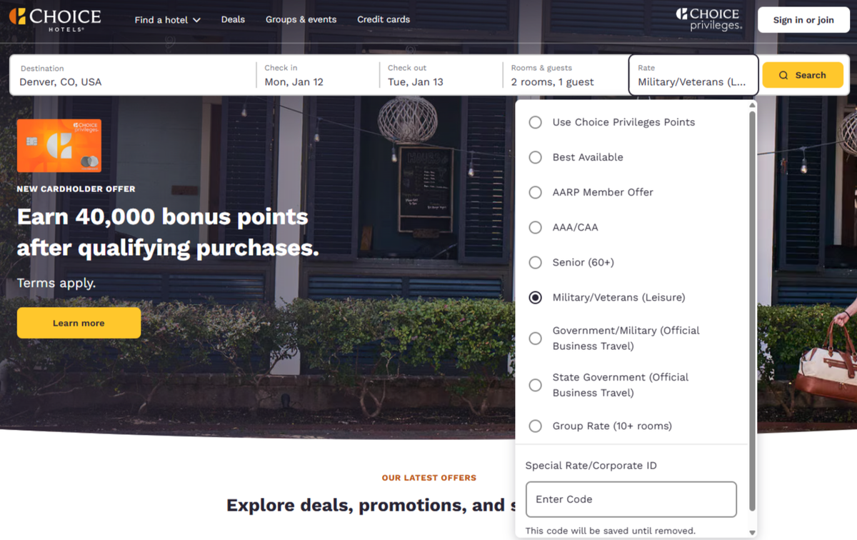 Choice Hotels military discount search