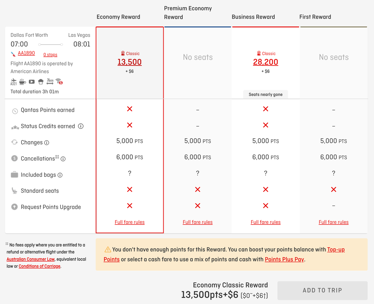 Dallas to Las Vegas Qantas Frequent Flyer Award Ticket