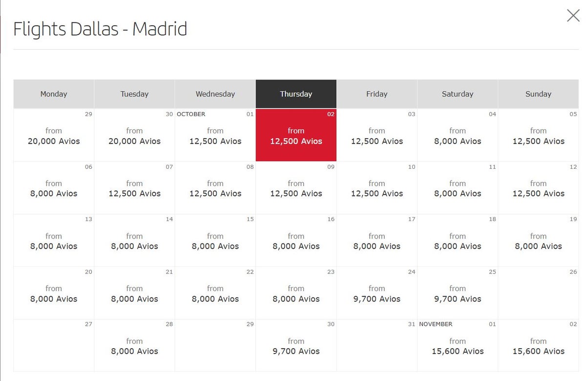 Dallas to Madrid monthly view Iberia