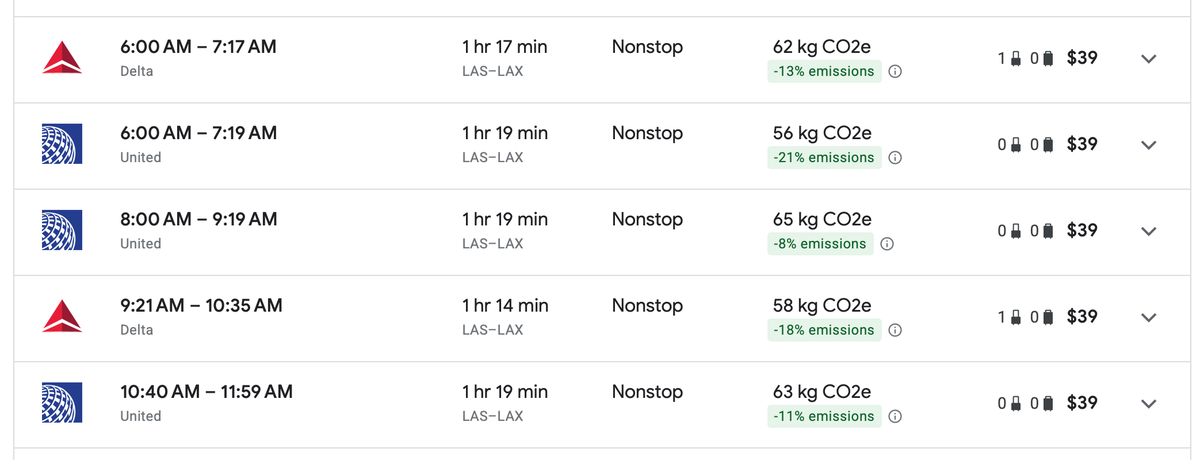 Delta and United flights from Las Vegas to Los Angeles on Google Flights