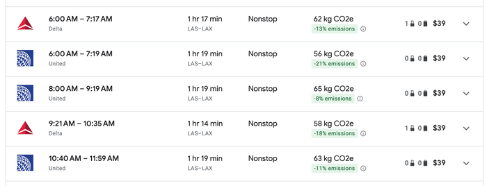 Delta and United flights from Las Vegas to Los Angeles on Google Flights