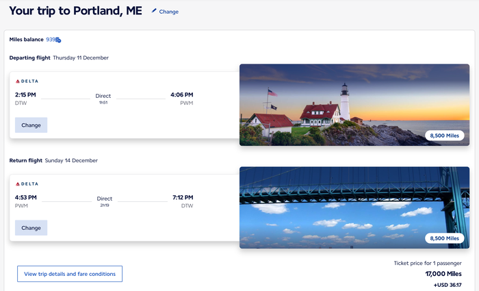 Detroit to Portland Maine Award Ticket on the Flying Blue Website