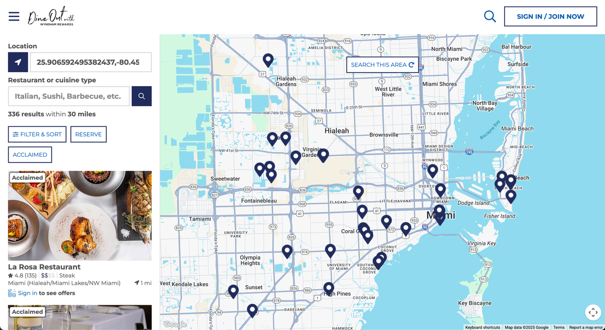 Dine Out with Wyndham Rewards Miami map