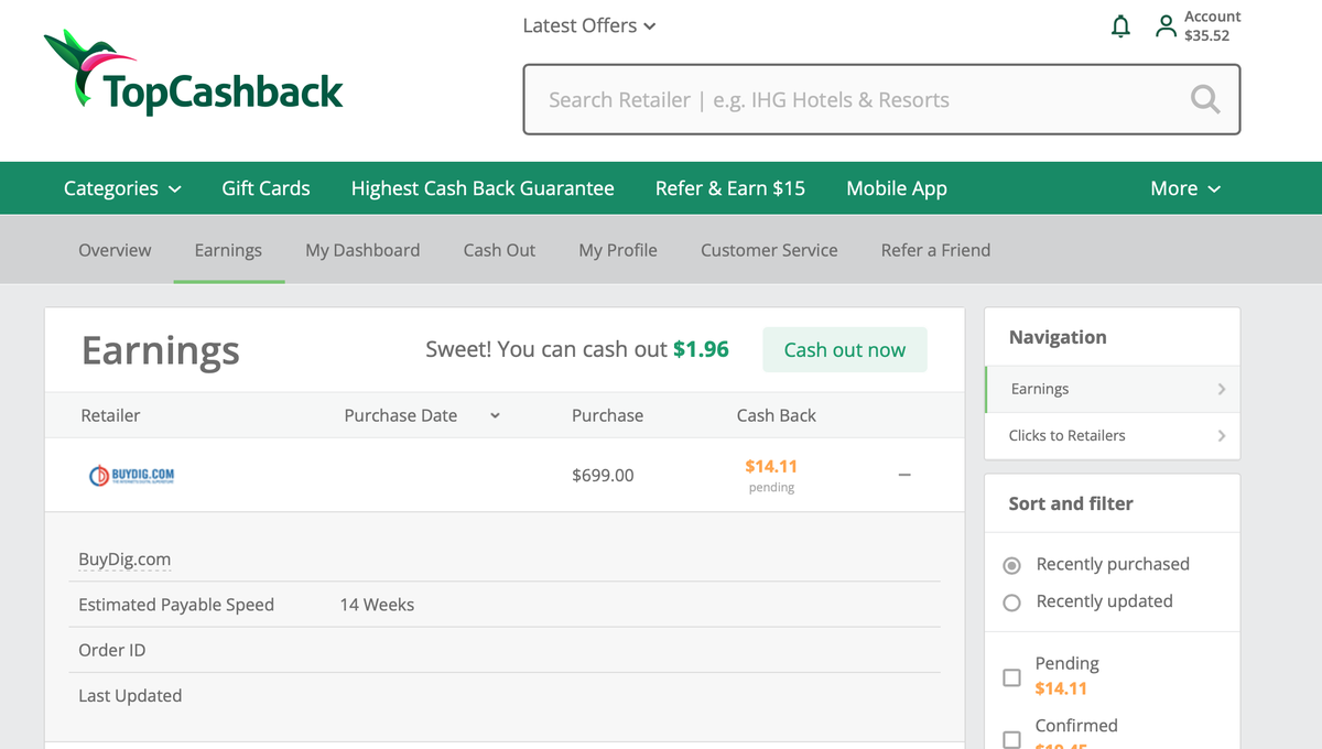 Earnings Page on TopCashBack