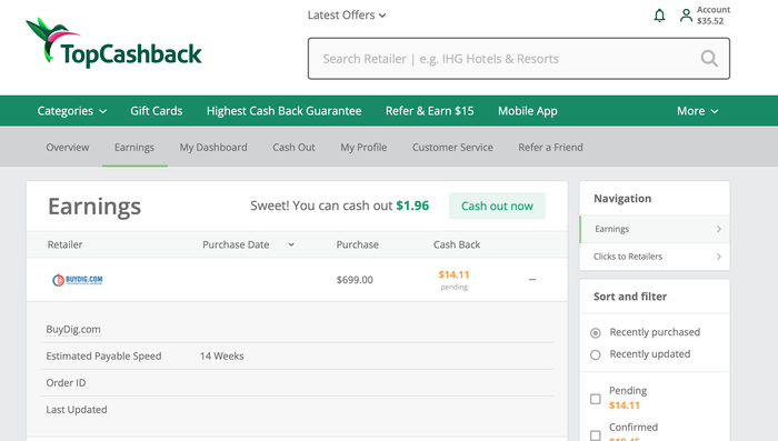 Earnings Page on TopCashBack Earnings Page on TopCashBack