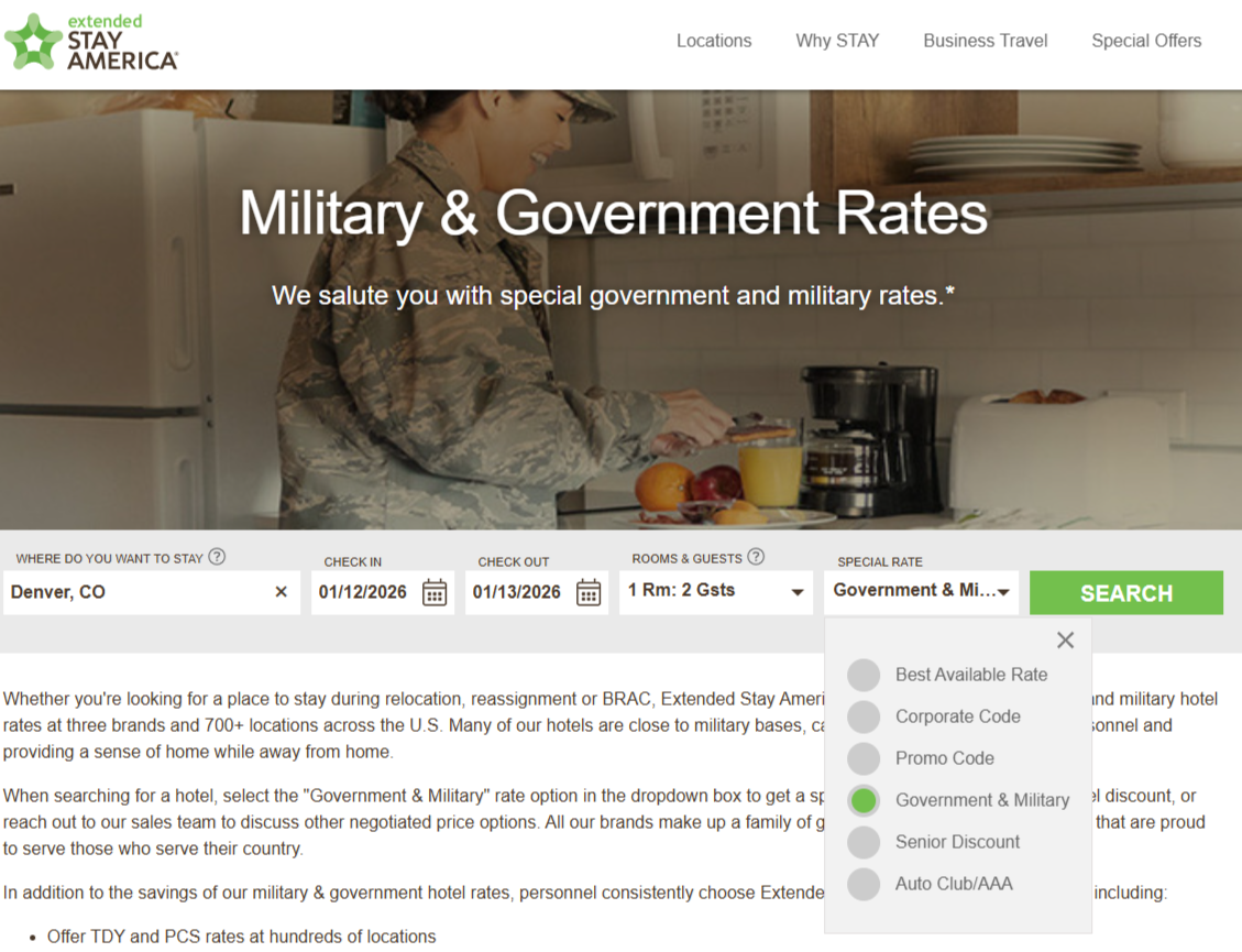 Extended Stay America military discount search