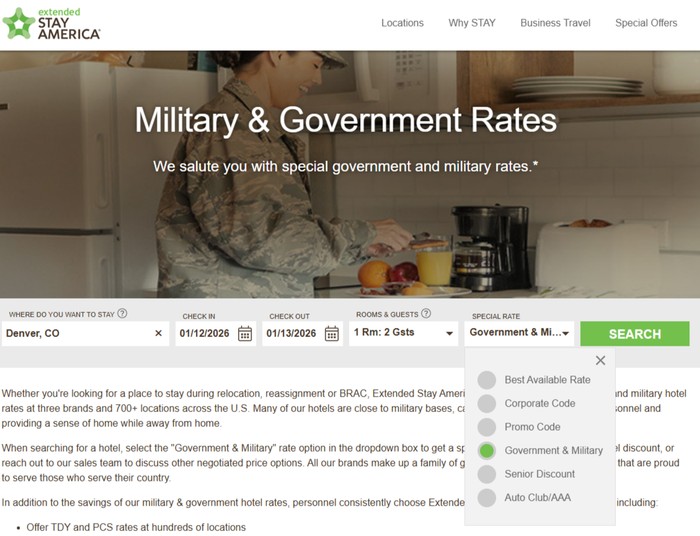 Extended Stay America military discount search