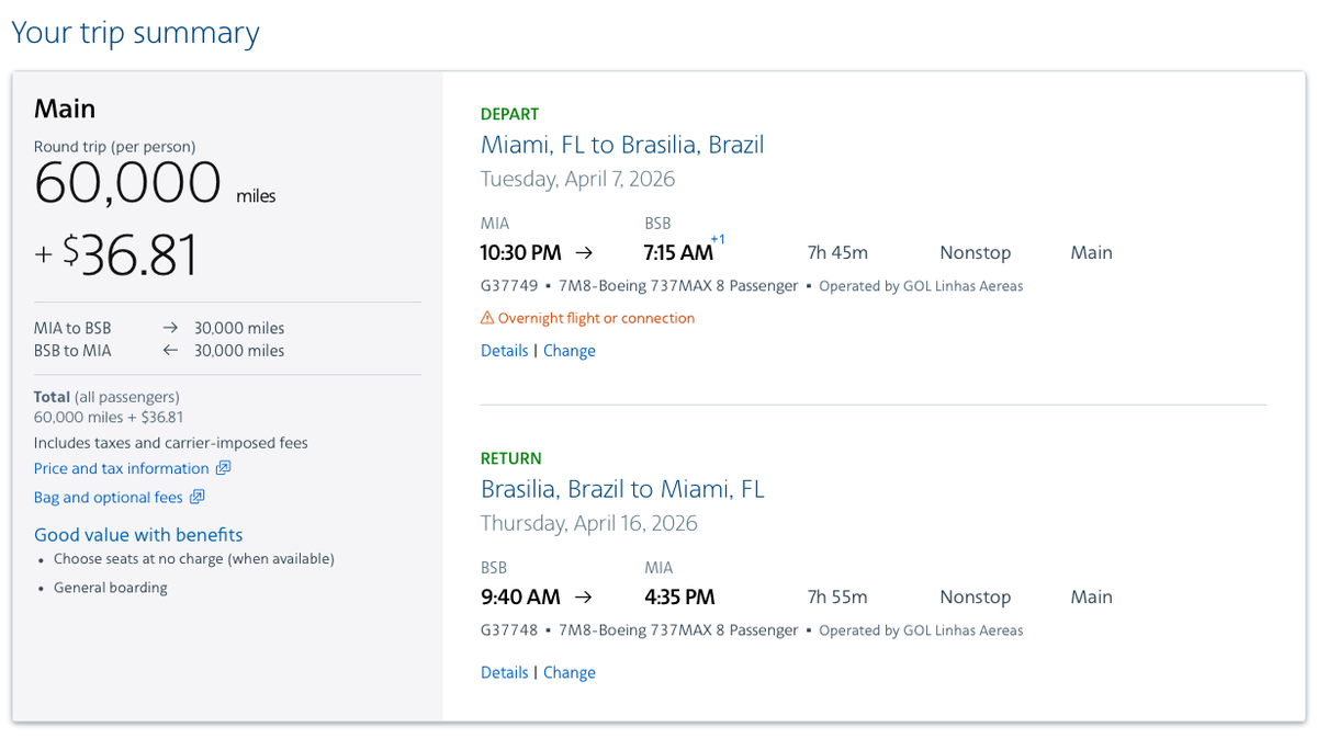 Gol Award Ticket on American Airlines Website