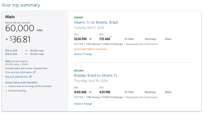 Gol Award Ticket on American Airlines Website