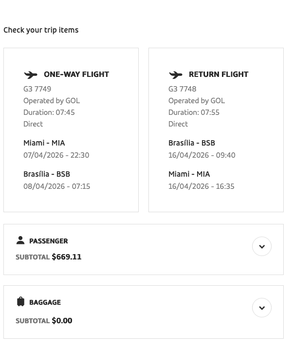 Gol Ticket From MIA to BSB