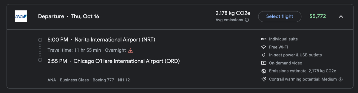 Google Flights ANA NRT ORD cash fares