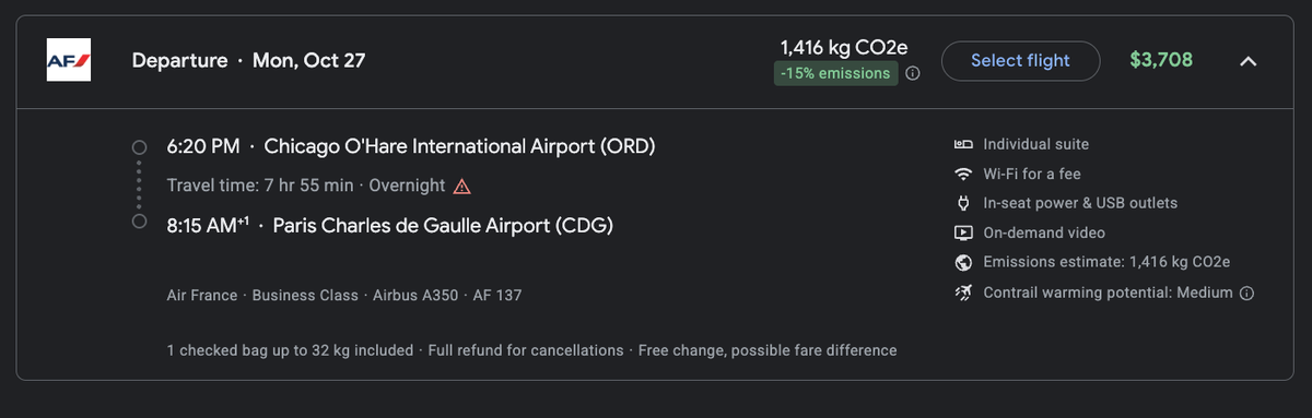 Google Flights ORD CDG Air France