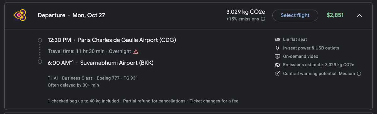 Google Flights Thai Airways CDG BKK