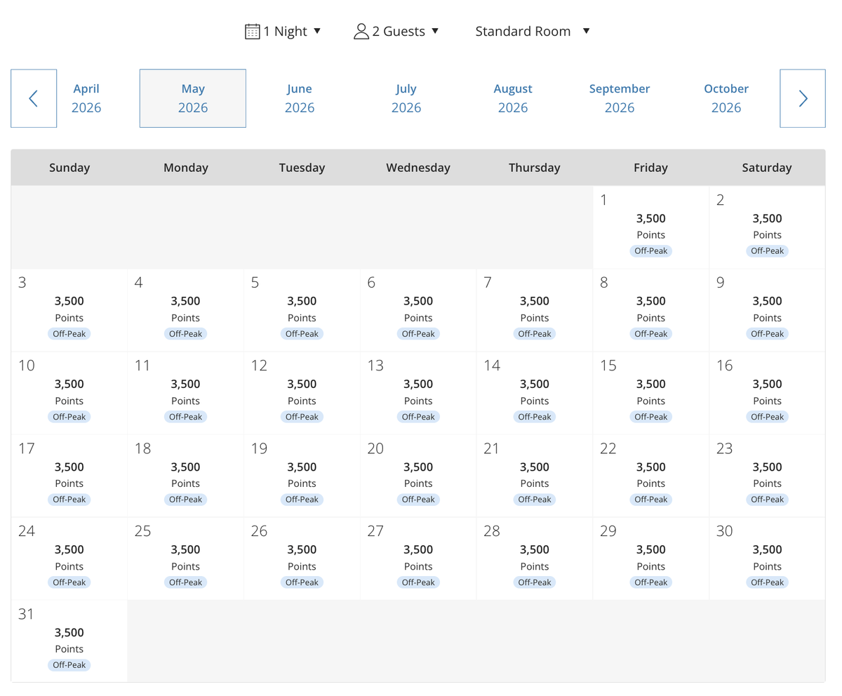 Hyatt Regency Cape Town points calendar