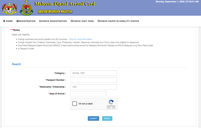 Malaysia Digital Arrival Card enrollment page