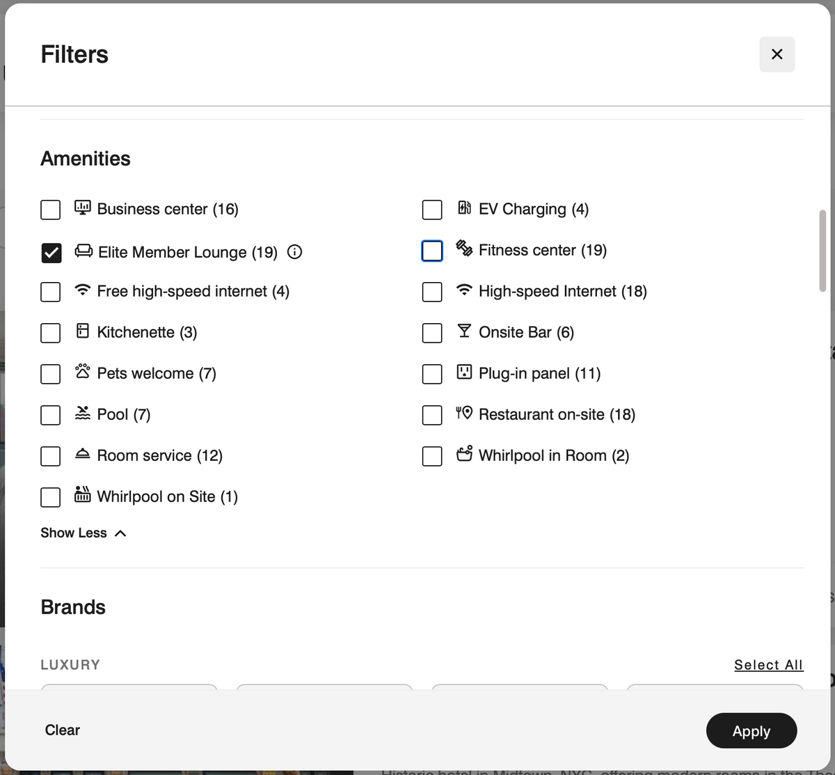 Marriott search filter options with the lounge filter selected