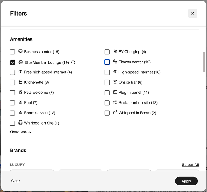 Marriott search filter options with the lounge filter selected