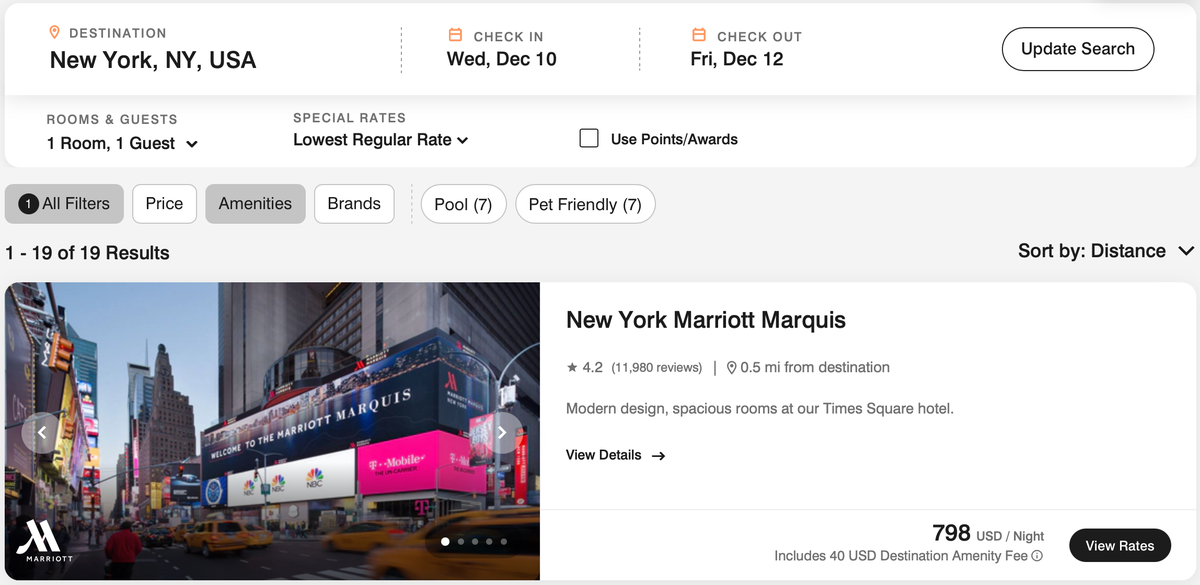 Marriott search results with lounge filter applied