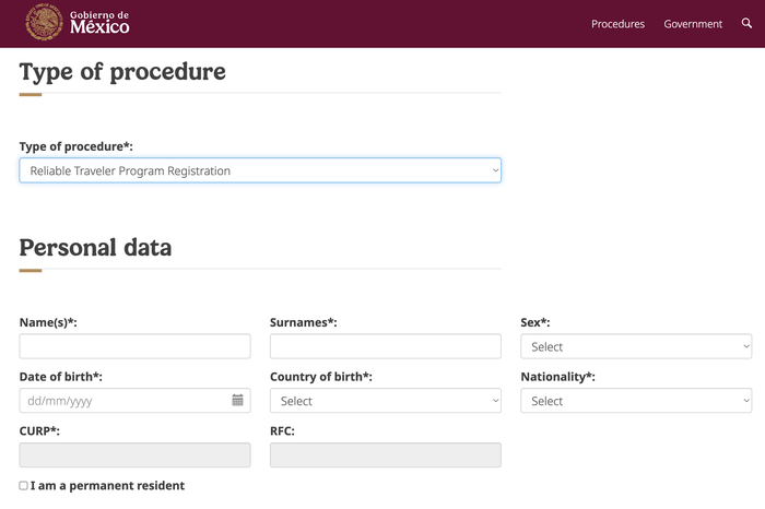 Mexico Viajero Confiable enrollment page