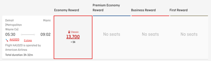 Detroit to Miami Award Ticket on the Qantas Website