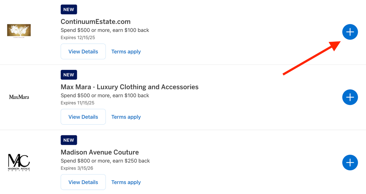 New Amex Offers layout add to card
